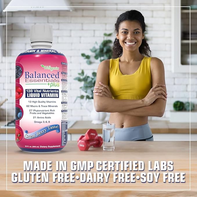 Wellgenix Balanced Essentials Plus New Formula - Liquid Vitamin - Complete Multivitamin Supplement - 1oz Daily - Immune Boosting & Overall Health - Adults, Kids, Toddlers - Berry Flavor 32oz (3)