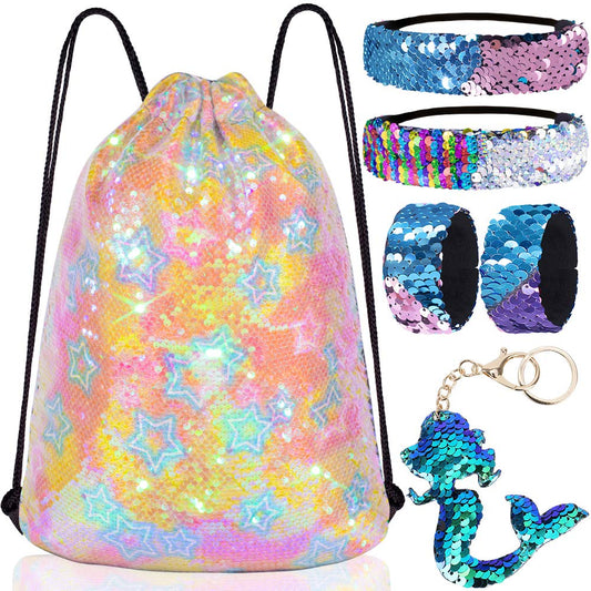 Mermaid Reversible Sequin Drawstring Backpack/Bag Clear Iridescent Sequin+ Star Shape Spotted Fabric for Kids Girls One_Size