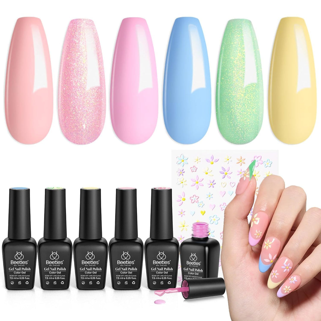 Beetles Gel Nail Polish 6 Colors, Green Blue Yellow Shimmer Pink Gel Nail Polish Mermaid Nail Drawing Soak Off Uv Led Needed Nai