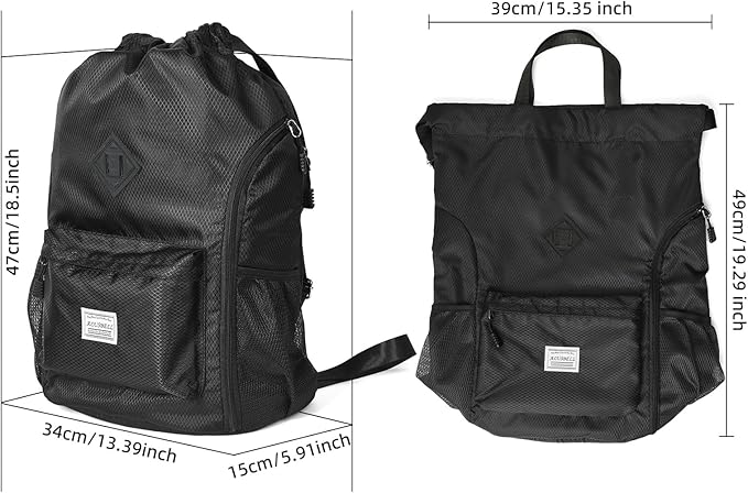 ALUSBELL Large Drawstring Backpack Bag, Sports Gym Bag String Sackpack with Shoes Compartment, Waterproof String Bag Cinch for Women Men(Black)