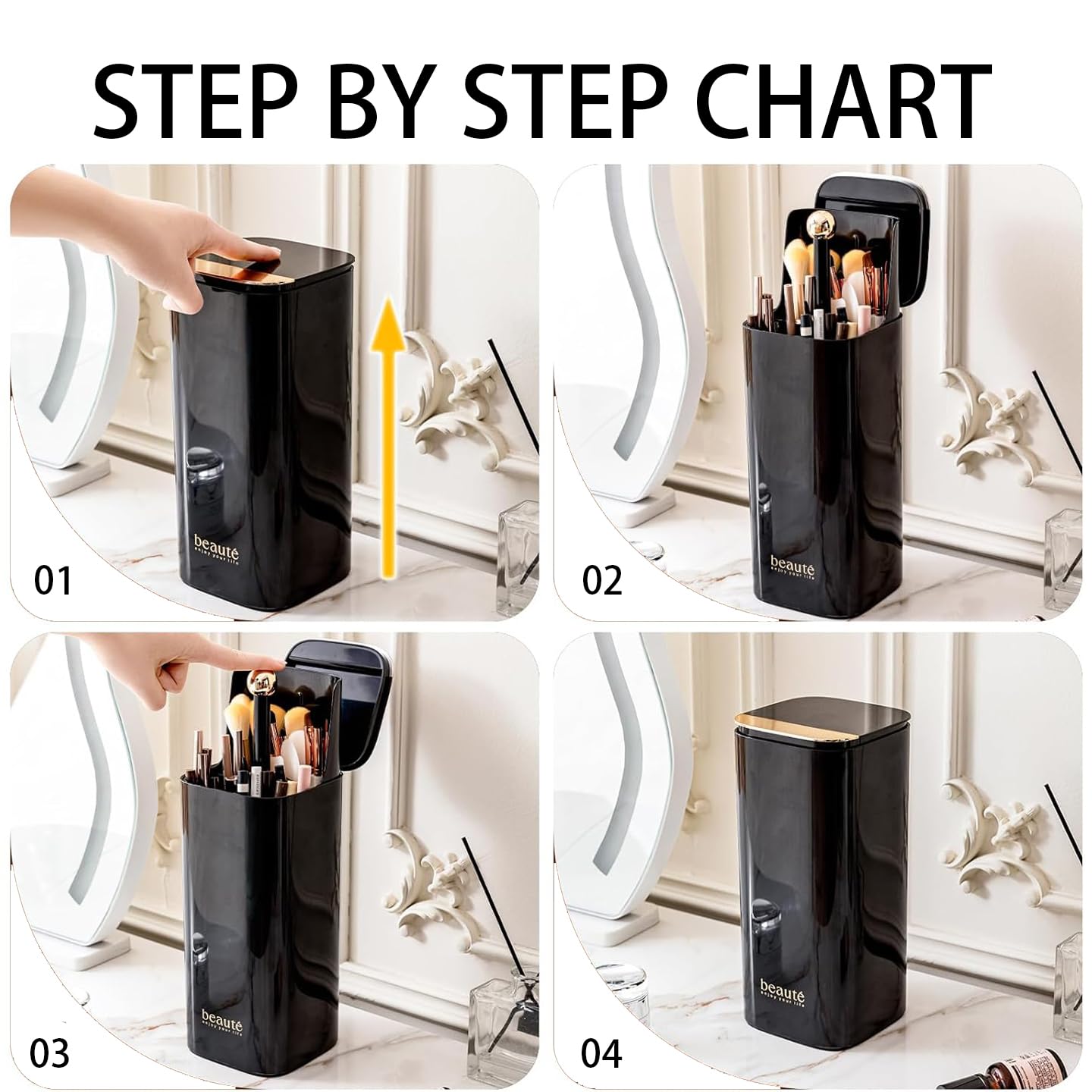 ACSTORi Makeup Brushes Organizer With Portable Covered Cap Waterproof Dustproof Manual Press Lift Makeup Brush Holder With Lid For Vanity Desktop Bathroom Countertop Black