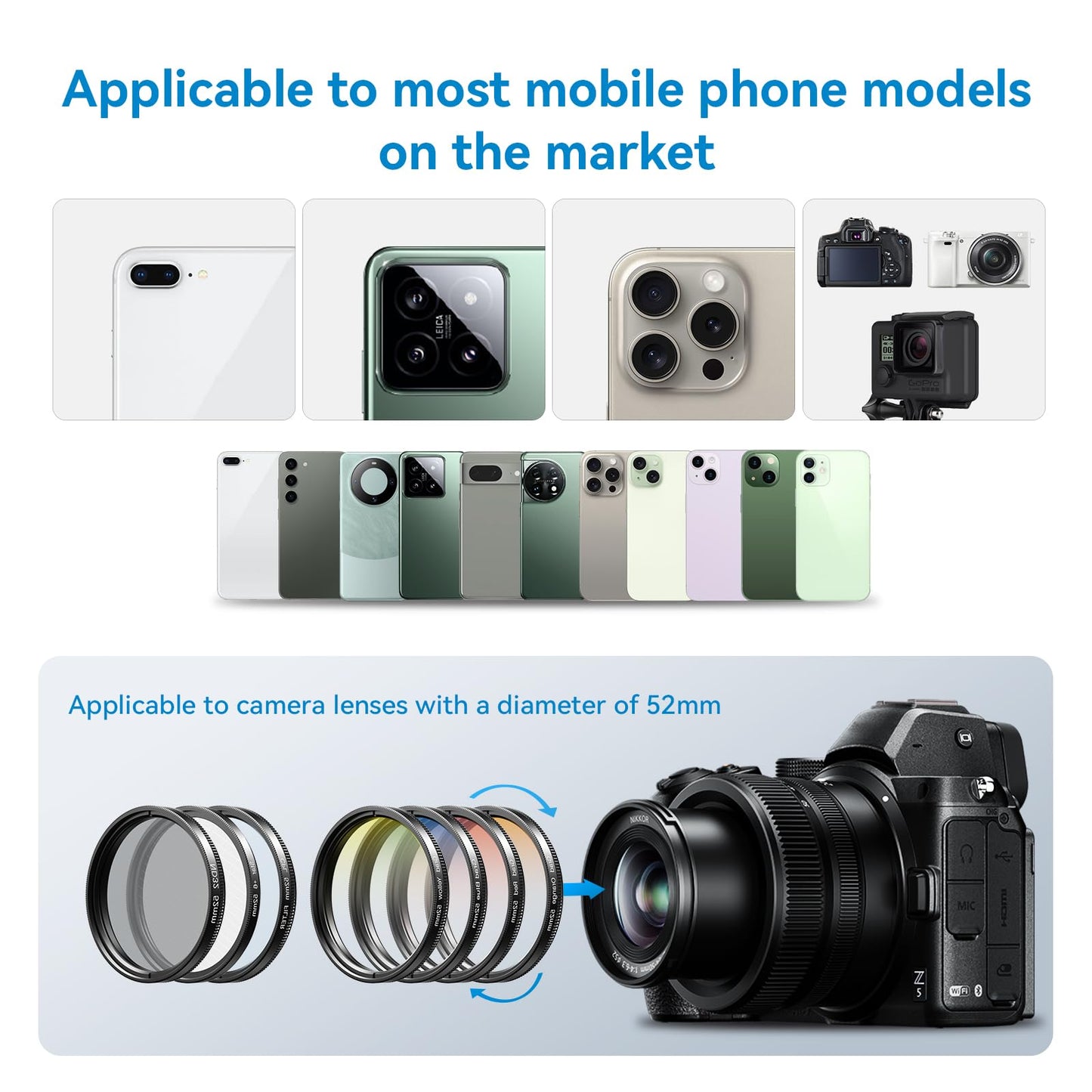 APEXEL 52 mm Phone Filters,Camera Filter Kit 7 in 1,CPL,ND32,Star Filter,4 Gradient Filters (Blue, Yellow, Orange, Red),Suitable for Mobile Phones and 52mm Cameras