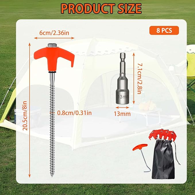 8 Pack 8" Screw in Tent Stakes Heavy Duty Ground Anchors, Tent Pegs Metal Tent Spikes Camping Tent Stakes with Hex Head Driver & Nail Extractor for Outdoor, Camping, Canopy, Gardening, Beach