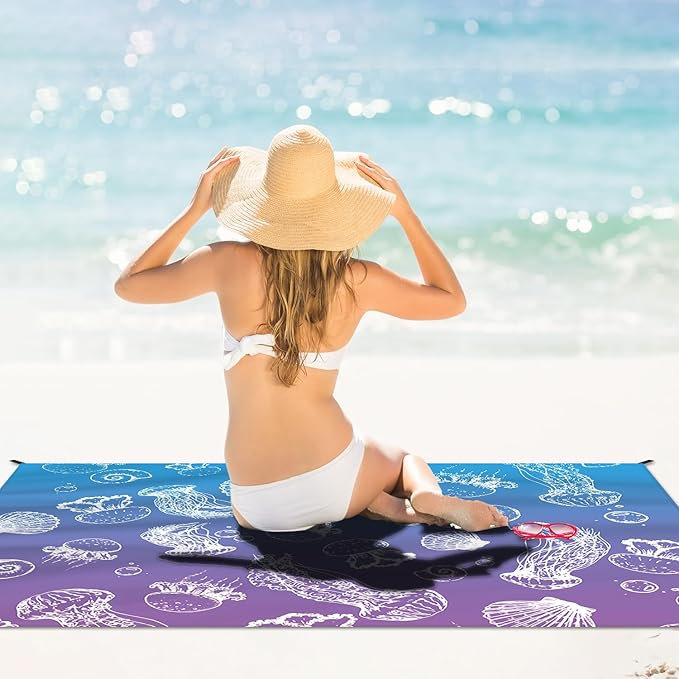 Beach Blanket Waterproof Sandproof Large Beach Mat 83" X 106" for 3-5 Adults Sand Free Mat Quick Drying,Lightweight & Durable with 4 Stakes & 4 Corner Pockets for Beach Camping .(Purple)