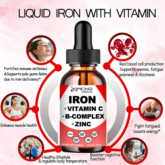 Liquid Iron Supplement w/Vitamin C, A, B-Complex, Vegan Iron Drops High Potency Liquid Vitamin & Iron Supplements for Women, Men & Children -Support Red Blood Cell, Energy, Anemia & Fatigue