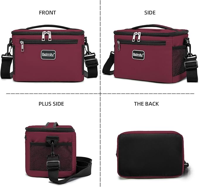 BEIMILY Lunch Box for Men/Women,Small Insulated Lunch Bag,Reusable LunchBox for work Picnic Hiking Beach,Leakproof Soft Cooler Tote Bag Organizer with Adjustable Shoulder Strap for Adults (Dark red)