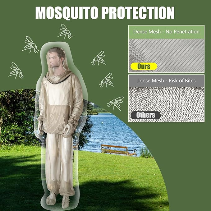 4-Piece Net Suit S/M, Full Body Jacket with Zippered Hood, Pants, Gloves & Foot Covers, Thickened Breathable Mesh, Adjustable Fit for Men & Women, Lightweight for Outdoor, Camping, Fishing & Gardening
