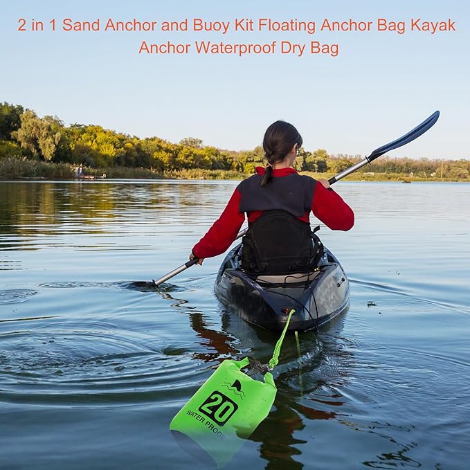 4 Set 2 in 1 Sand Anchor and Buoy Kit Floating Bag Kayak Anchor Waterproof Dry Bag for Lake Beach Boats Watercrafts Hiking Camping Water Sports Surfing Tubing Kayaking(Green)