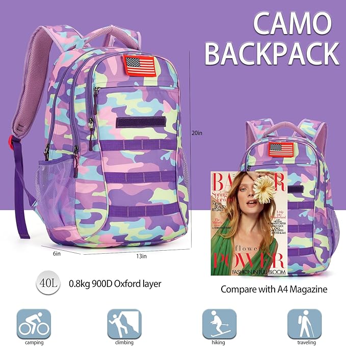 4land Camo Backpack for Boys,Army Boys Backpacks for Elementary Middle School Military,Camouflage Bookbag 40L