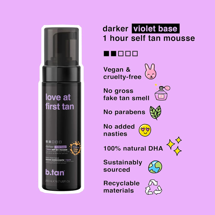 b.tan Violet Base Self Tanner Mousse – 1-Hour Express Dark Bronzing Foam | No Orange Tones, 6.7 Fl Oz