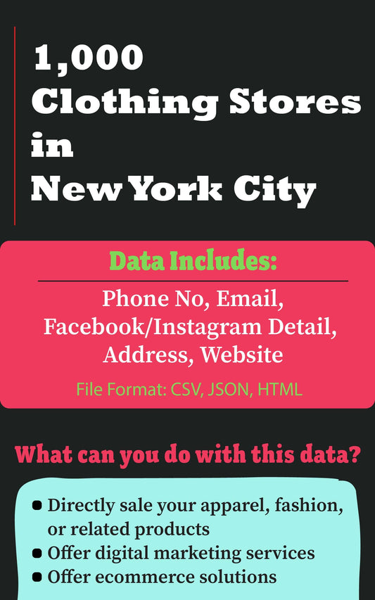 1,000 Contacts & Data of Clothing Stores in New York City: Contact Details & Socail Media Profile; Find Your Targeted Customer For Digital Marketing and Direct Selling Clothing and Fashion Products
