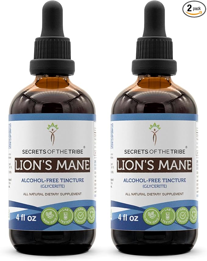 Secrets of the Tribe Lion's Mane Tincture Alcohol-Free Extract, Lion's Mane (Hericium erinaceus) Dried Mushroom (2x4 fl oz)