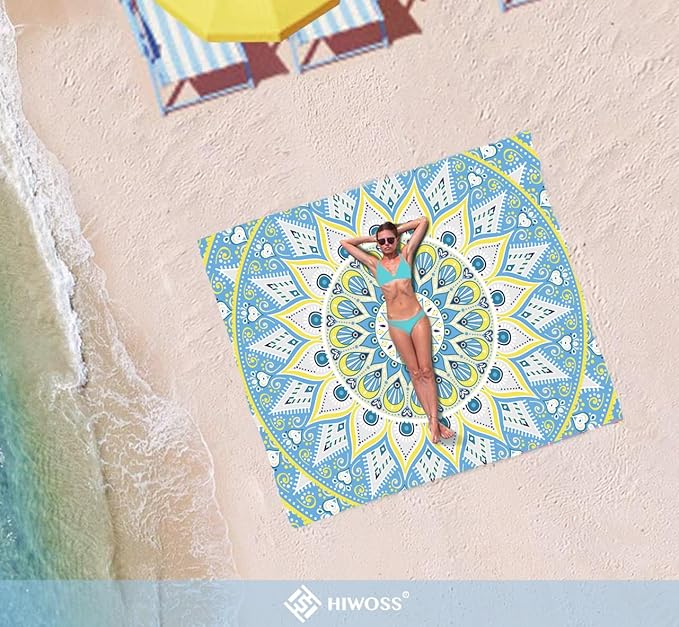 Beach Blanket Waterproof Sandproof Oversized 95”x 80”,Sand Free Beach Mat with Corner Pockets,Portable Mesh Bag for Beach Festival,Picnic,Travel and Outdoor Camping (Oceansunyellow)