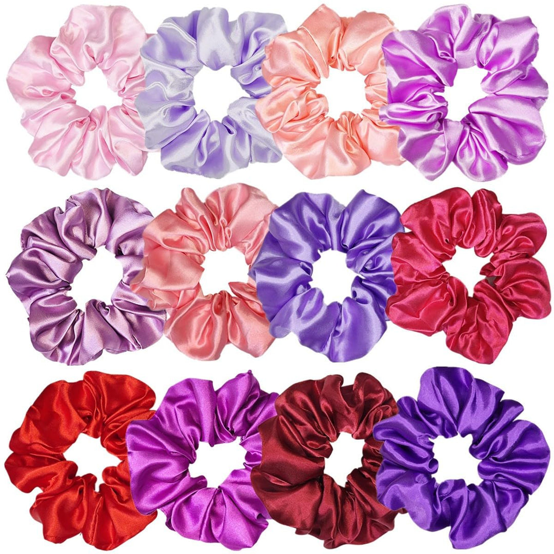 Sufermoe 12 Pcs Satin Silk Hair Scrunchies, 12 Assorted Red And Purple, 4.5 Inch Hair Ties For Women And Girls, Hair Accessories