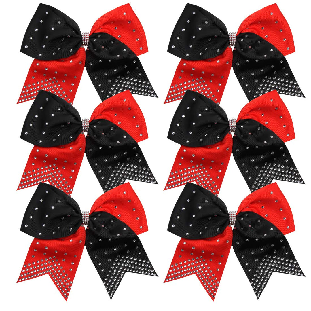 8 Inch 2 Colors Cheerleader Bows Ponytail Holder With Bling Fling Rhinestones Hair Tie Cheerleading Bows 6 Pcs (Red/Black)