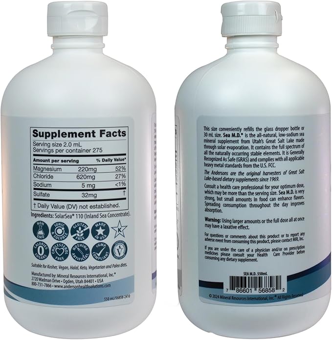 Anderson Sea M.D. New Refill Size Concentrated Trace Mineral Drops, Ionic Electrolyte Magnesium Supplement, Aids in Muscle Cramps, Joint Health, Liquid Magnesium, Easy to Take, 550mL, 275 Servings