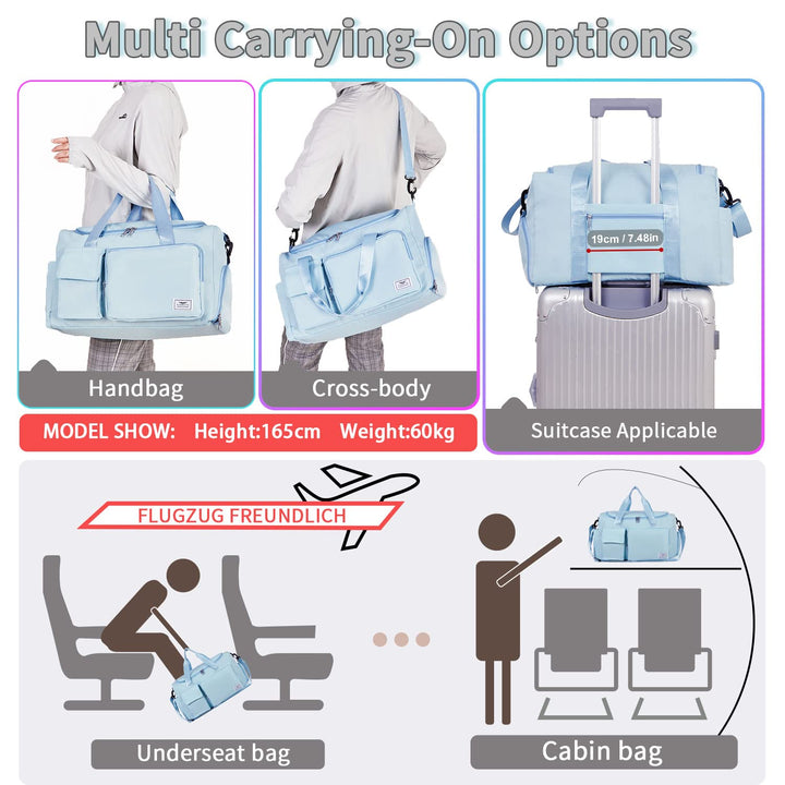 FIORETTO Women's Water-Resistant Gym Duffle Bag with Shoes Compartment, 37L Capacity, Multi-Functional, Ideal for Travel, Gym, Sports, Weekender, Light Blue