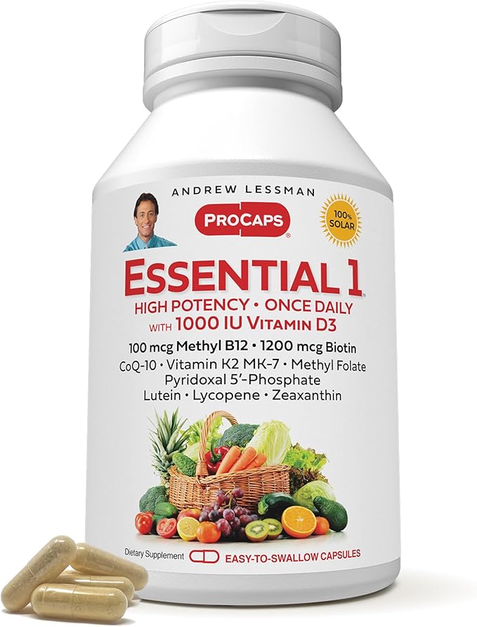 ANDREW LESSMAN Essential-1 Multivitamin 1000 IU Vitamin D3 30 Small Capsules - 100 mcg Methyl B12. CoQ10 Lutein Lycopene Zeaxanthin. High Potency. No Additives. Ultra-Mild. One Daily Capsule