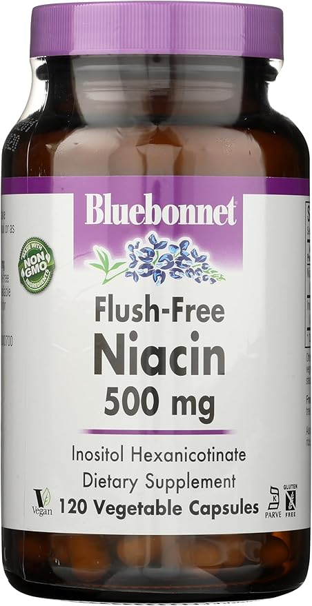 BlueBonnet Nutrition Flush-Free Niacin 500mg, for Nutritional Cardiovascular Support Vegetable Capsules, Soy/Dairy/Gluten Free, Non-GMO, Kosher Certified, Vegan, White, 120 Count