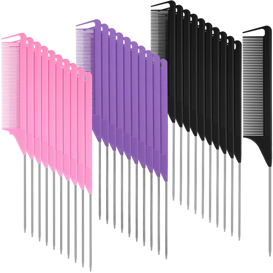 Patelai 30 Pieces Parting Comb for Braids Steel Hair Pin Rat Tail Carbon Fiber Heat Resistant Teasing Combs with Stainless Steel Pintail(Black, Pink, Purple)