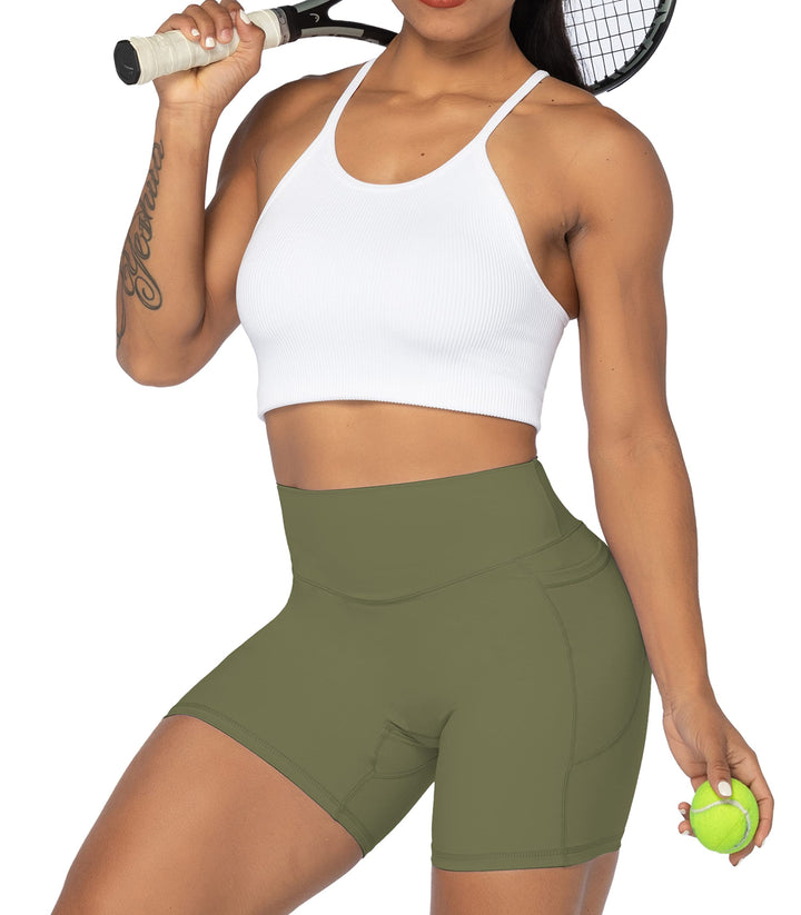 Sunzel No Front Seam Biker Shorts for Women with Pockets, Yoga Workout Gym Bike Shorts with Tummy Control 5" Olive Green X-Small
