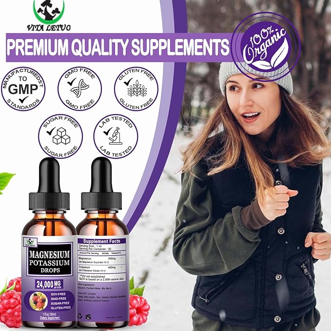 Magnesium Glycinate with Potassium Supplement,Liquid Magnesium Glycinate 500mg Potassium Citrate 500mg, Magnesium Liquid Drops for Vascular, Bone, Heart, Muscle & Nerve Health,Non-GMO,Vegan