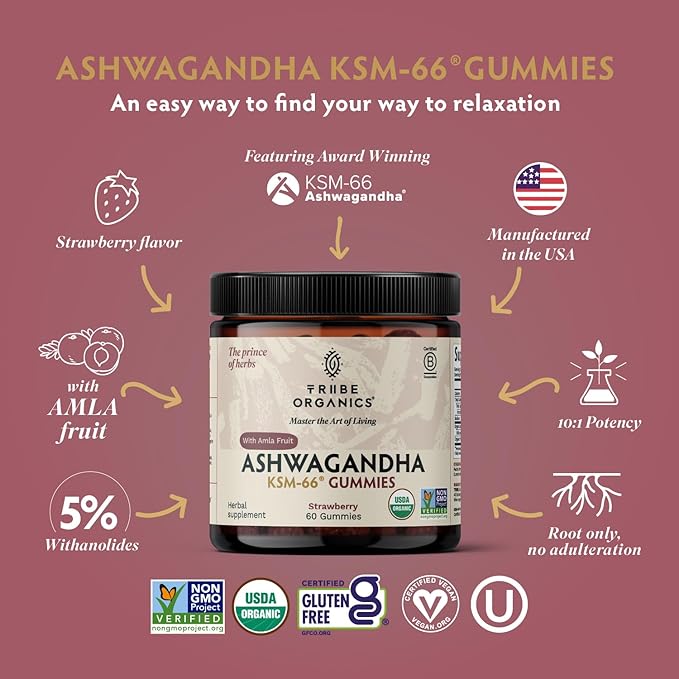 Ashwagandha KSM-66 Gummies for Adults - Pure Organic Root Extract Ayurvedic Supplement Gummy for Men & Women, Focus Mood Support Increase Energy Strength 600mg of Natural KSM66 for Superior Absorption