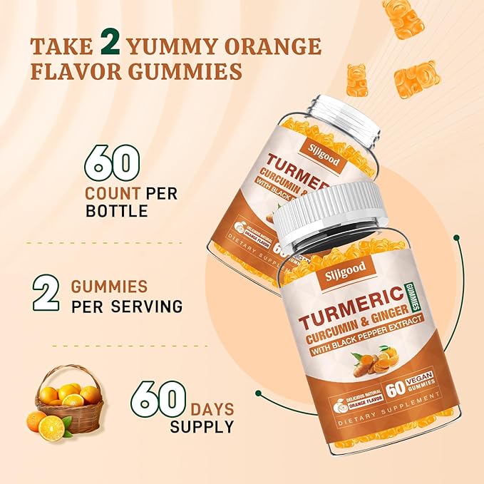 2 Pack Turmeric Curcumin Gummies with Ginger & Black Pepper Herbal Supplement, Immune Support, Healthy Skin, and Joint Health, for Women, Men & Kids - 120 Orange Flavored Gummies