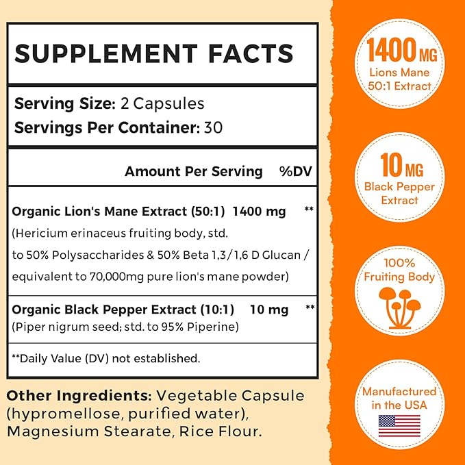 1400mg Lions Mane Supplement Capsules - 50x Strength Potency Brain Supplements for Memory and Focus | Natural Nootropics Brain Supplement for Cognitive, Clarity, Concentration & Energy - 60 Caps