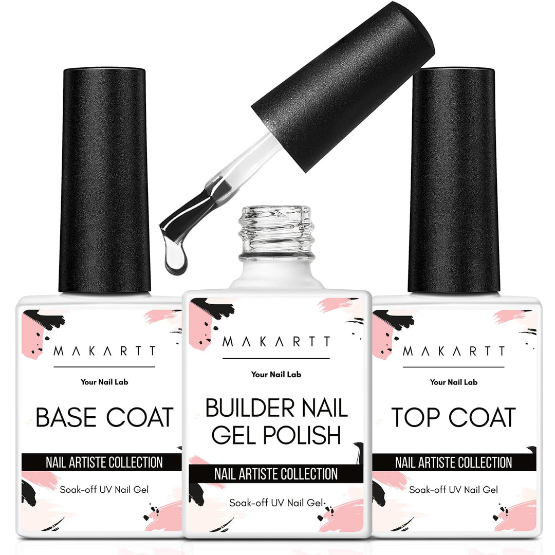Makartt 3Pcs Builder Nail Gel with Top and Base Coat, Clear Gel Builder Kit for Nails Apex Building Thickening Strengthener Extension Rhinestone in a Bottle, UV Light Lamp Required