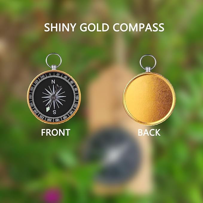 50 Sets Mini Compass Favors-Joyfulmap Compass Favors with Kraft Tags and Drawstring，Mini Compass Decorations for Weddings-Travel-Nautical-Birthday Themed Party Decorations(Golden)