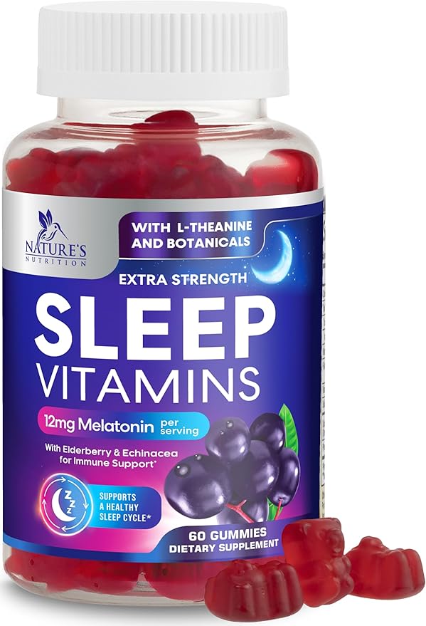 Sleep Gummies - 12mg Melatonin Natural Sleep Vitamin Supplement Formula with L-theanine, Chamomile, & Lemon Balm - Extra Strength Sleep Gummy, Non-Habit Forming Restful Sleep Women & Men - 60 Gummies