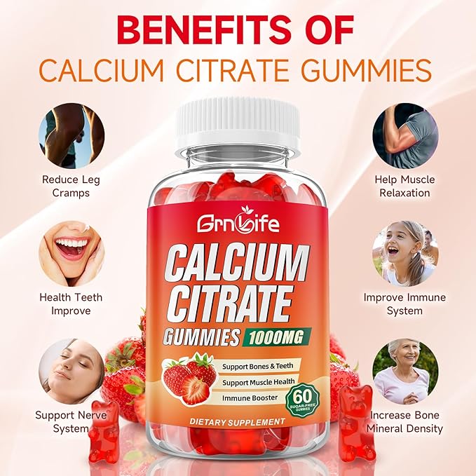 Calcium Citrate Gummies, Sugar Free Calcium Citrate 1000mg for Muscle Healthy, Absorption Calcium Supplements for Adults & Kids, Strawberry, 60 Count