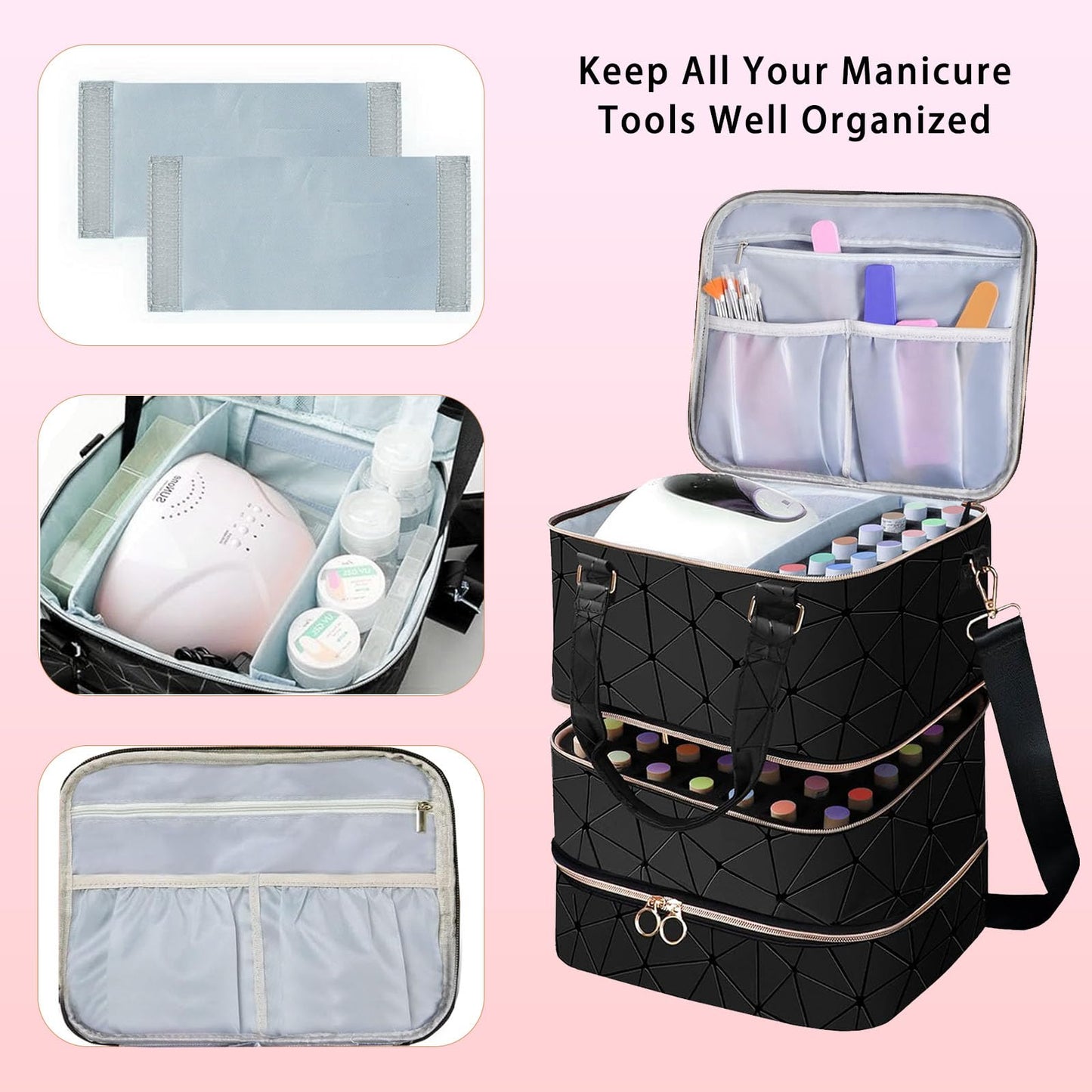 3-Layer Travel Makeup Bag,Nail Polish Organizer,Nail Tools Storage,2 in 1 Removable Polish Package,Waterproof,Adjustable Dividers Compartment,Holds 84 Bottles of 15ML Nail Polish