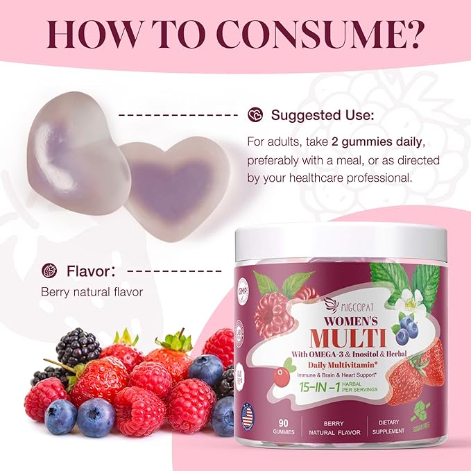 Sugar-Free Women’s Multivitamin Gummies, Packed with Inositol, Omega-3, Prebiotics, CoQ10 & Key Vitamins (A, C, D3, E, B12) – Supports Heart, Brain, Gut, Energy & Immune Health*