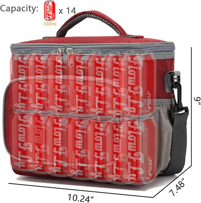 FlowFly Insulated Reusable Lunch Bag Adult Large Lunch Box for Women and Men with Adjustable Shoulder Strap,Front Zipper Pocket and Dual Large Mesh Side Pockets,Red