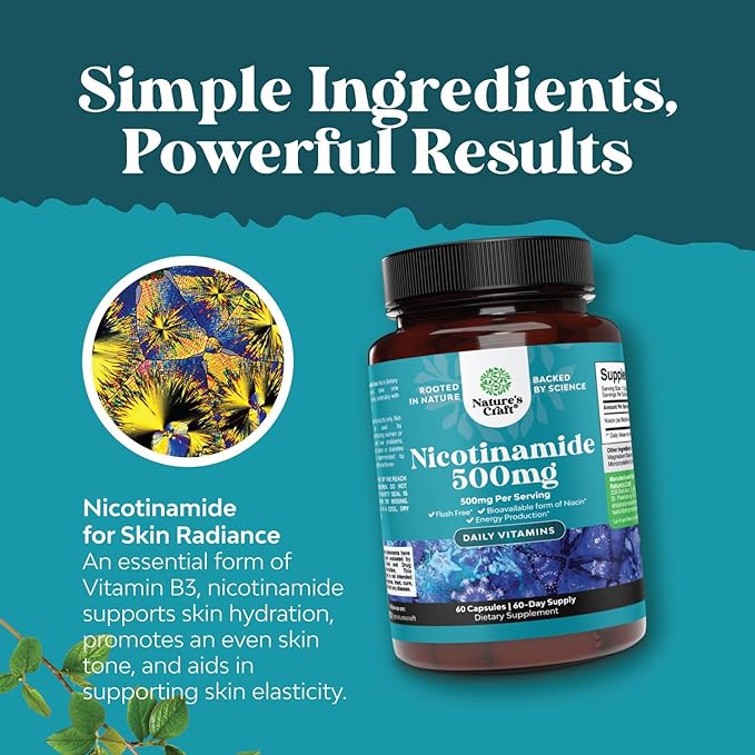 Vitamin B3 Niacinamide 500mg Capsules - Mitochondrial Energy and Potent Skin Supplement - Vitamin B3 Niacin 500mg Flush Free and Nicotinamide 500mg - Flush Free Niacin Supplement - 60 Count