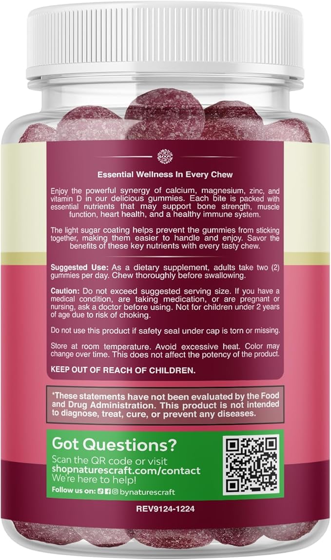 Calcium Magnesium Zinc Gummies - Magnesium Zinc Calcium Supplement Gummies with Vitamin D3 for Teeth and Bone Health - Certified Kosher Non-GMO Gelatin Free & Vegetarian Friendly (3 Month Supply)