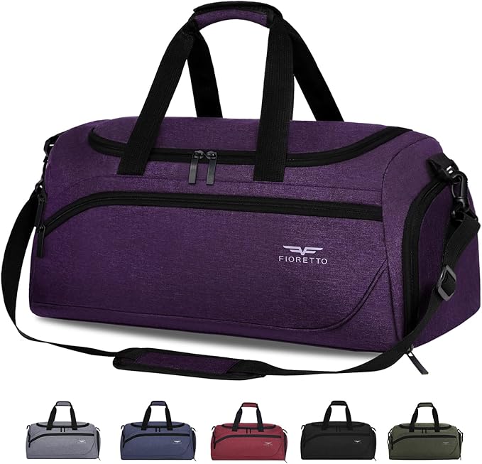 FIORETTO 35L Mens Sports Gym Duffle Bag with Wet Pocket & Shoe Compartment, Overnight Weekender Bag with Padded Shoulder Strap, Ideal for Travel, Gym, Sports, Swimming, Purple
