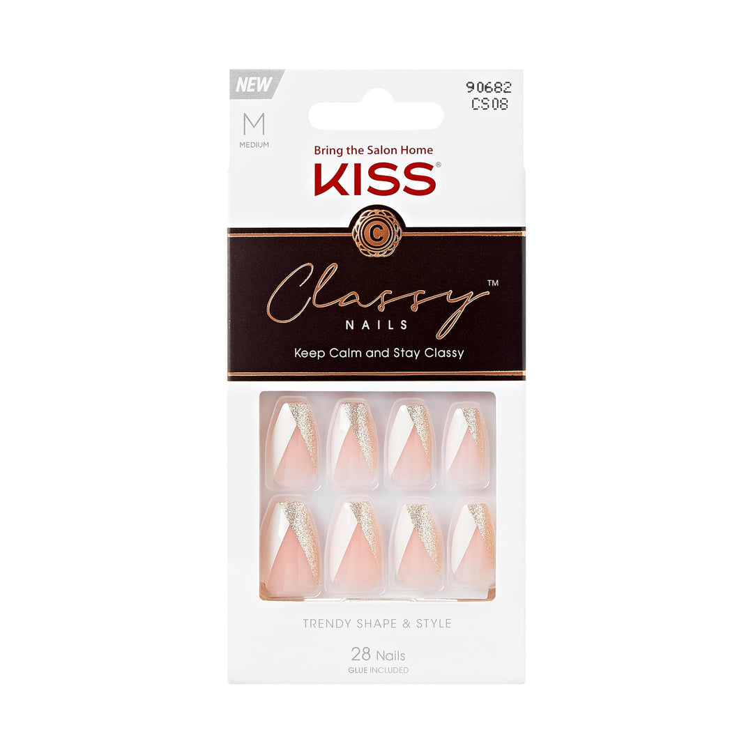 Kiss Classy Nails, Press-On Nails, Nail Glue Included, 'The Boss', Silver, Medium Size, Coffin Shape, Includes 28 Nails, 2G Glue