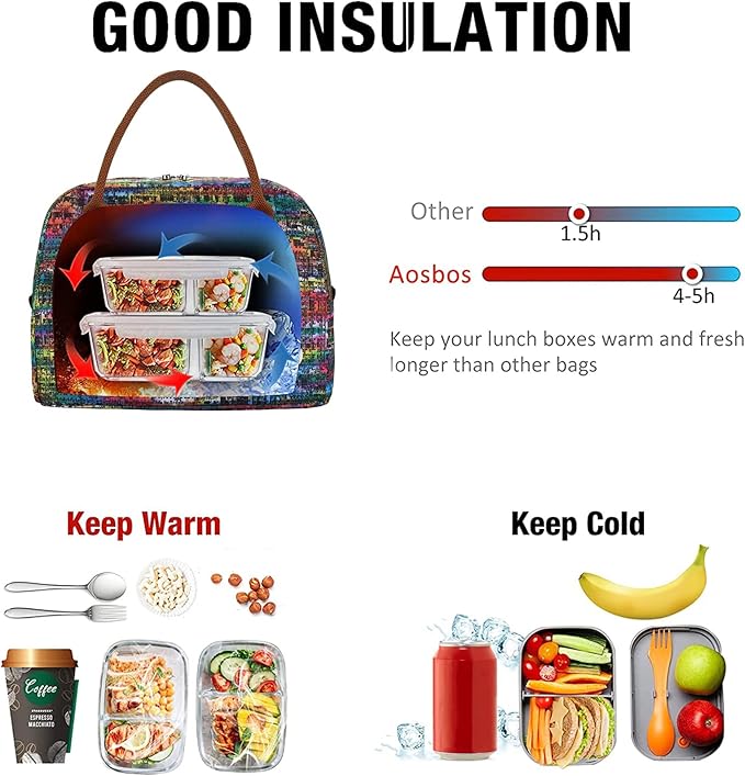 Aosbos Lunch Box for Women Lunch Bags for Adult Insulated Lunch Cooler Bag - Thermal Tote Boxes Reusable Meal Prep Containers, Colorful
