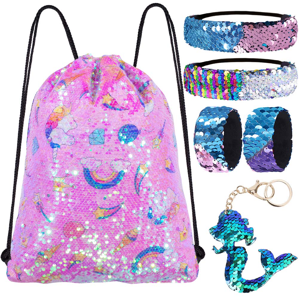 Mermaid Reversible Sequin Drawstring Backpack/Bag Clear Iridescent Sequin+Multi-Patterns Pink Fabric for Kids Girls One_Size