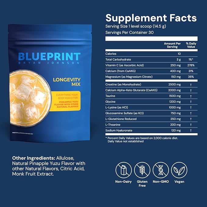 Blueprint Bryan Johnson Longevity Mix - Muscle Builder & Recovery Supplement - Promotes Focus and Balanced Mood - Creatine, L-Theanine- Vegan, Keto Friendly (30 Servings (Pack of 1), Pineapple Yuzu)