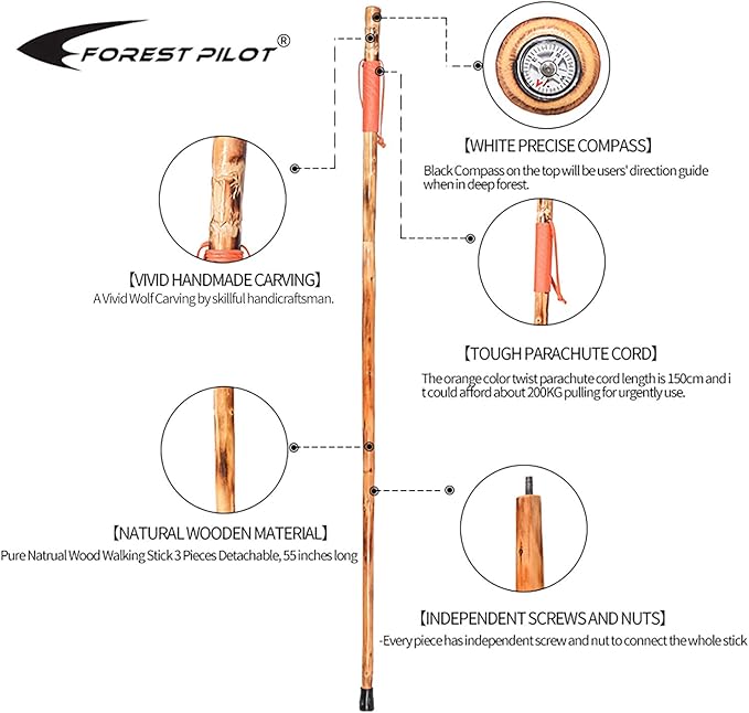 3pc Detachable Fir Wood Walking Stick for Hiking with Compass 55 Inches - with Animal Carving - Soft Hand Strap - Rubber Tip Cover