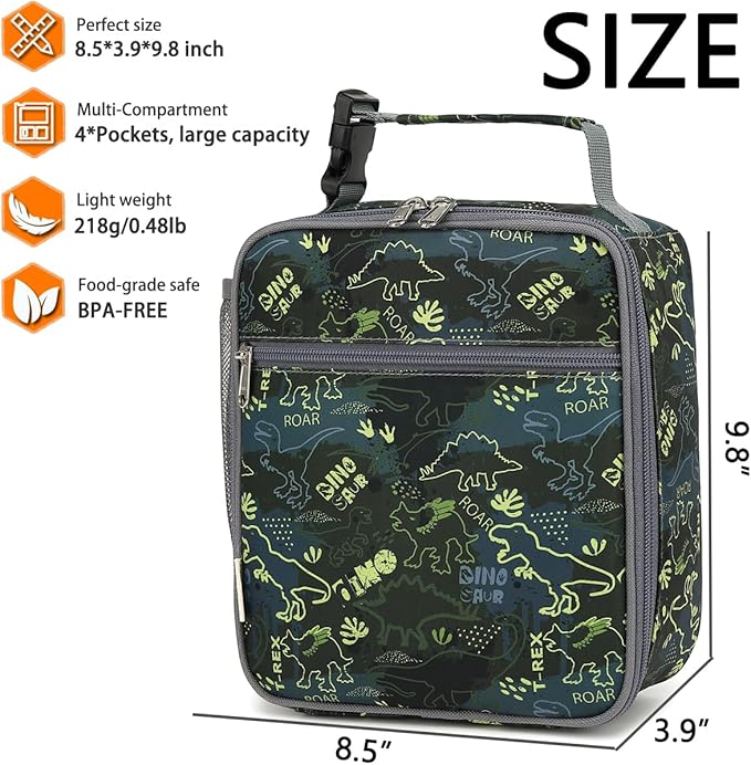 Lunch Box for Kids Boys Girls Men Women, Insulated Small Soft Cooler Lunch Bag Kit for School Work Picnic Travel - Reusable Portable lunchbox, Dinosaur Fossil Roar