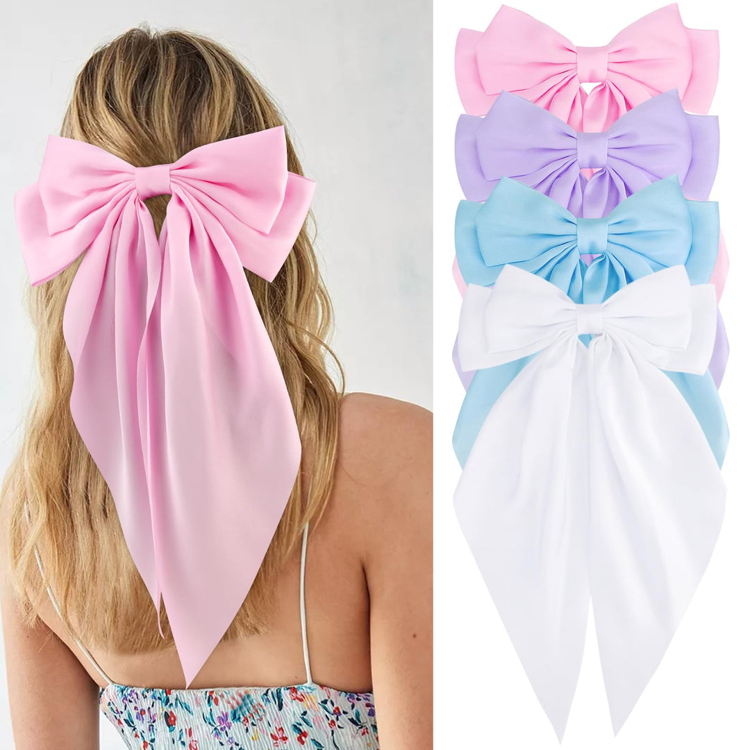 VELSCRUN Hair Bows for Women Girls 4Pcs Pink Silky Hair Bow Purple Satin Large Coquette Bow Blue Big Hair Bows Clip Oversized Hair Ribbons Long Tail White Bow Hair Barrettes Hair Accessories Gifts