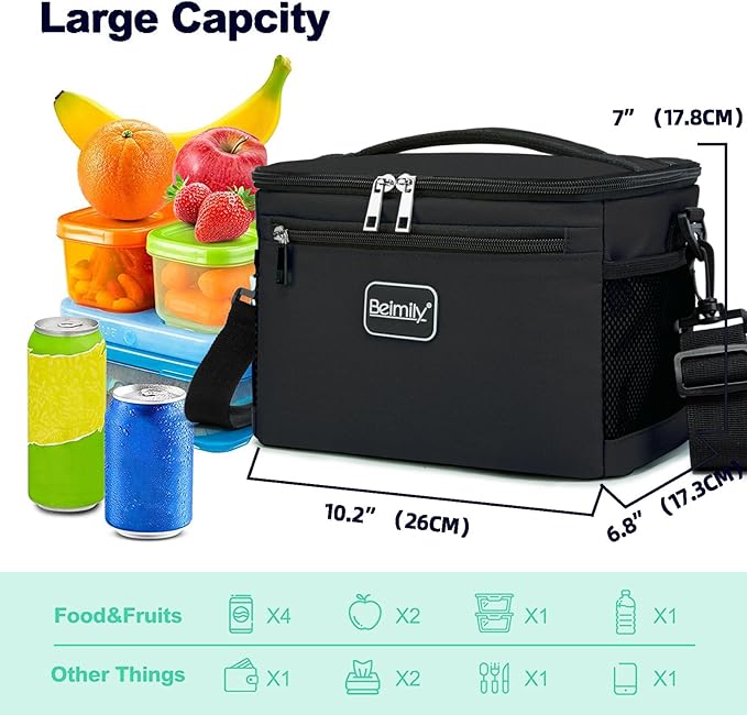 BEIMILY Lunch Bag for Women/Men,Reusable Lunch Box Small Cooler Bag Soft Sided,Leakproof Cooler Bag for Office Work Picnic Beach with Adjustable Shoulder Strap (deep Black), 2311A