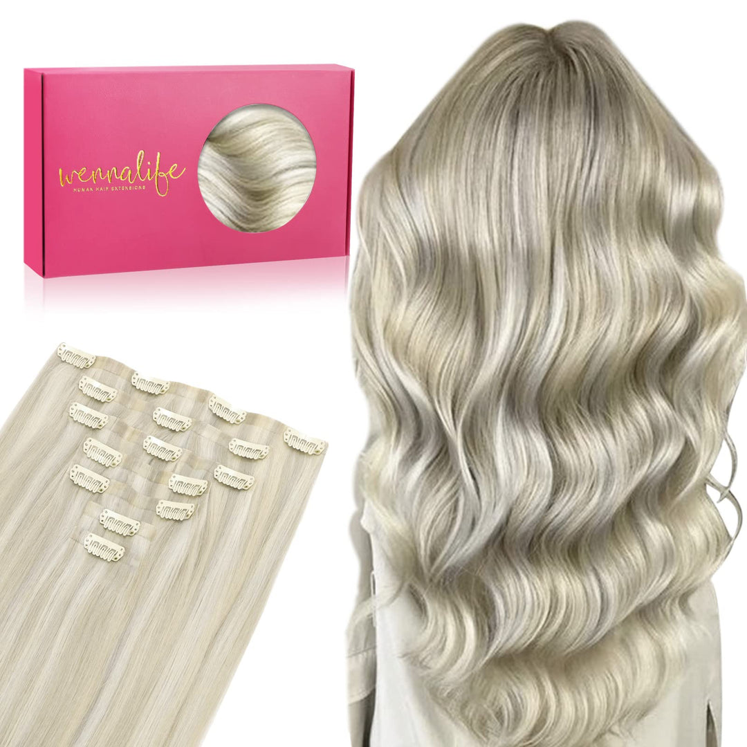 Wennalife Seamless Clip In Hair Extensions Human Hair, 24 Inch 160G 7Pcs Ash Blonde Highlighted Platinum Blonde Hair Extensions
