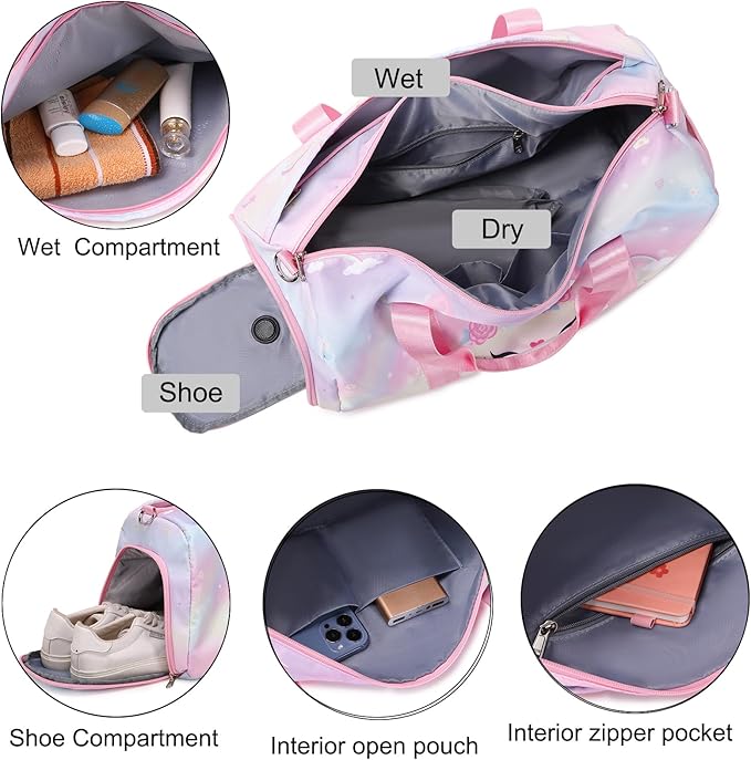 Unicorn Dance Bag for Girls Travel Duffel Bags Girls Sports Gym Bag Overnight Ballet Dance Bag with Shoe Compartment and Wet Compartment（Pink）