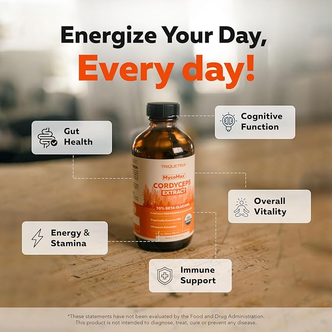 Organic Cordyceps Mushroom Extract - 70% Beta Glucans - Highest Active Nutrient Levels, Max Potency Cordyceps Tincuture, US Grown + Ultrasonic Extraction - Performance, Immunity and Energy - 8 oz.